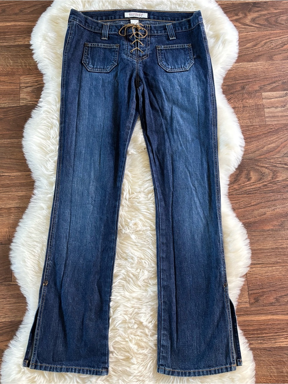 VTG Abercrombie & Fitch Y2K Low Rise Lace Up Flare Jeans Side Split Hem USA 4